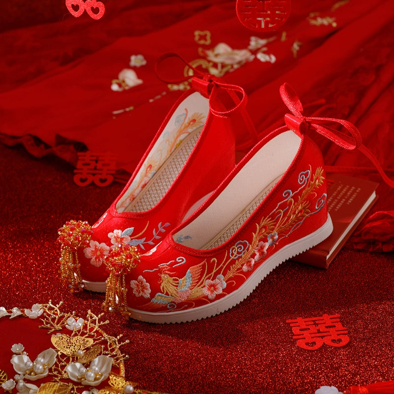 Chaussures Traditionnelles Chinoises Pour Femme - Broderie Satin Grue Et Nuages - Semelle Antidérapante, Talon 3,5 Cm
