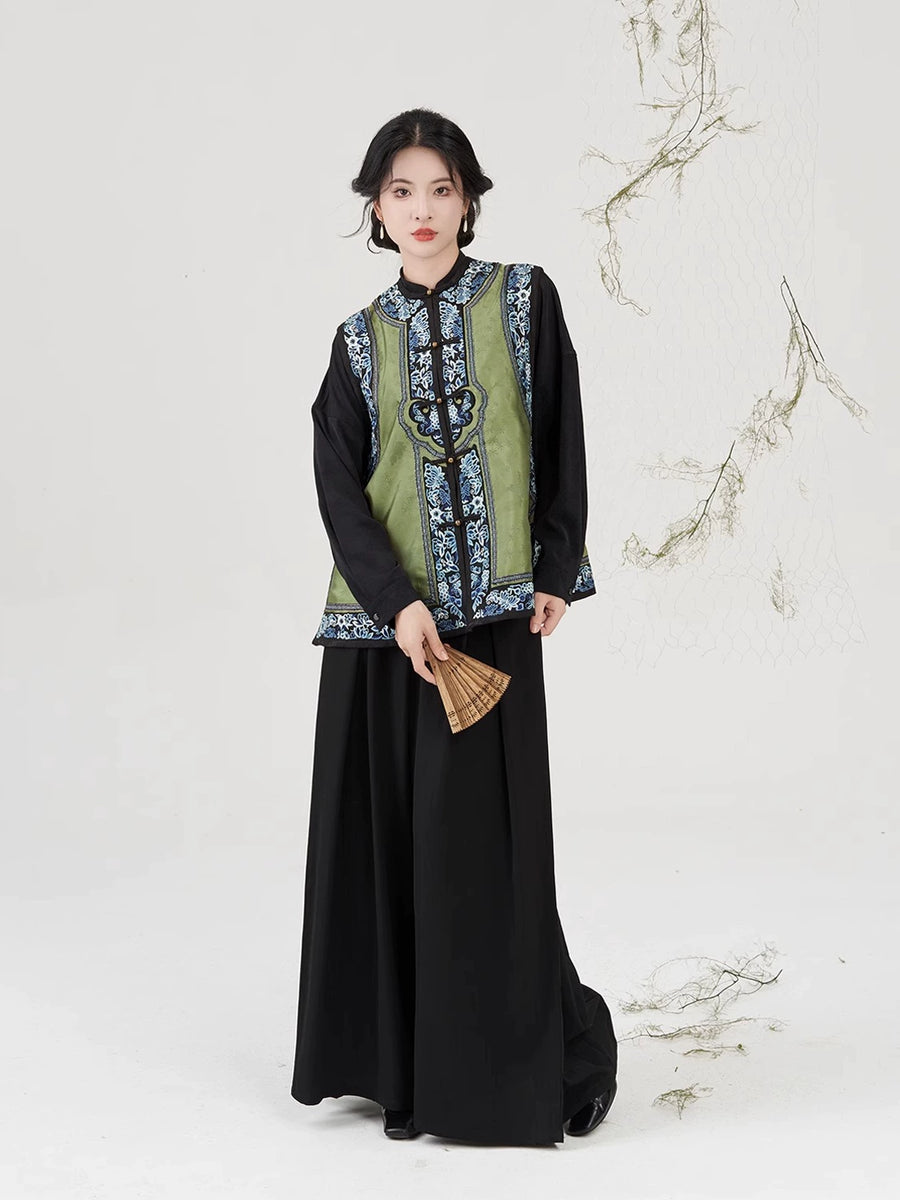 Modern Qing Han Inspired Embroidered Collarless Jacquard Vest - Porcel ...