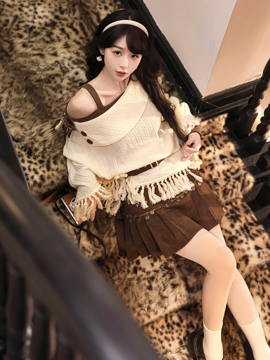 Antique复古拼布上衣 New Chinese Style Off Shoulder Knitted Cloak and Skirt - City
