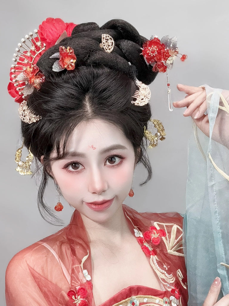 Festive Red Blossom Hair Accessories Hanfu Hairpin & Tassel Set for Traditional Hairstyles