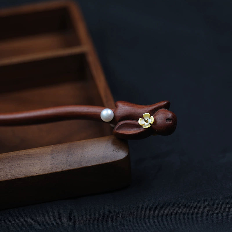 Osmanthus Rabbit Golden Ebony Hair Stick with Pearl Flowers