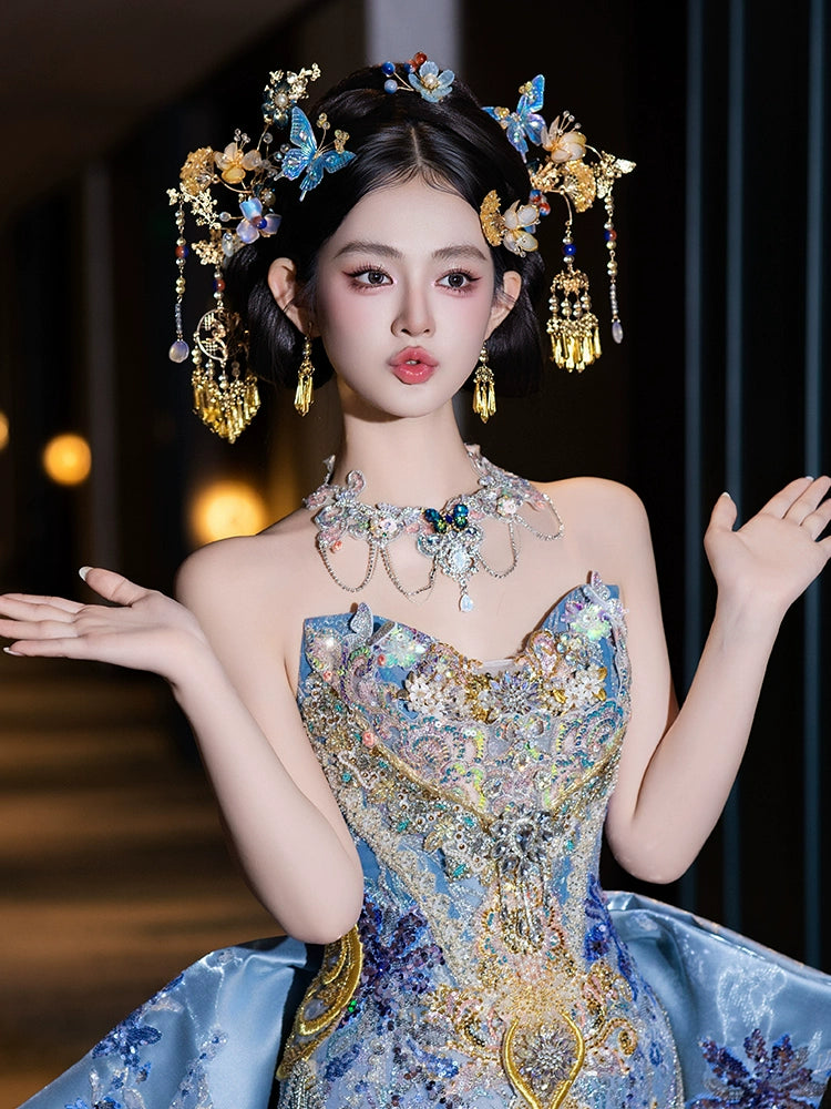 Dreamy Blue Butterfly Bridal Headpiece Chinese Wedding Hair Accessories for Xiuhe and Qun Kwa Bride