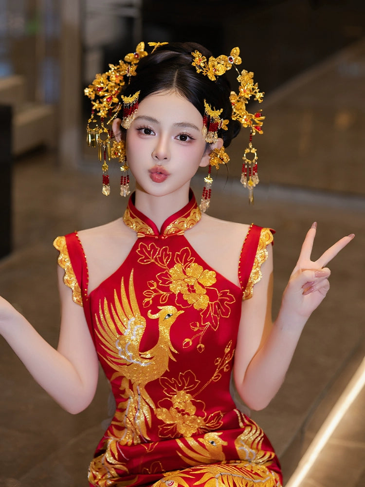 Red and Gold Floral Bridal Hair Accessories Handmade Butterfly and Dragonfly Hairpins for Chinese Wedding Xiuhe Dress