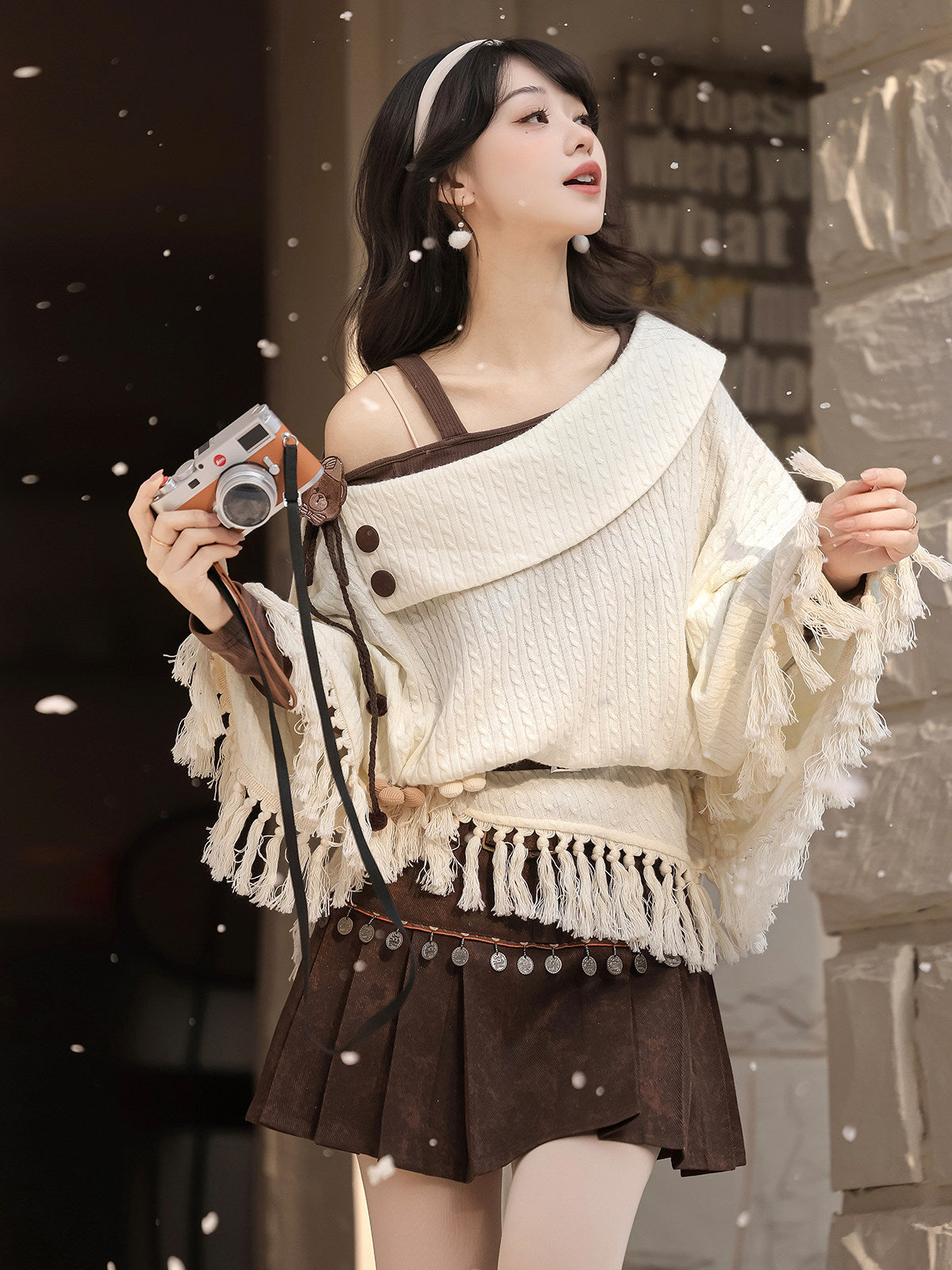 Antique复古拼布上衣 New Chinese Style Off Shoulder Knitted Cloak and Skirt - City