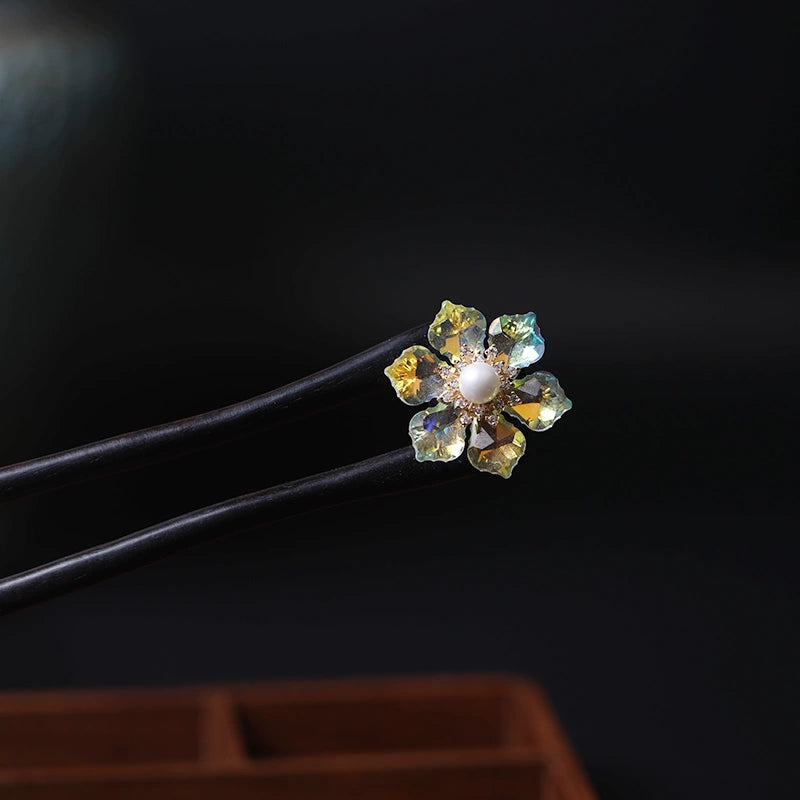 Radiant Crystal Flower Elegant Wooden Ancient Style Hair Stick