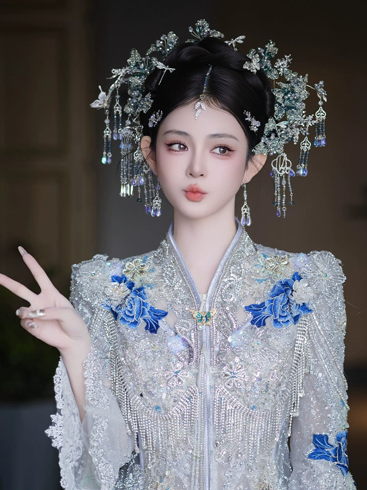 Blue Floral Tassel Bridal Hairpin New Chinese Wedding Hair Accessories for Xiuhe, Hanfu, and Cheongsam Bride