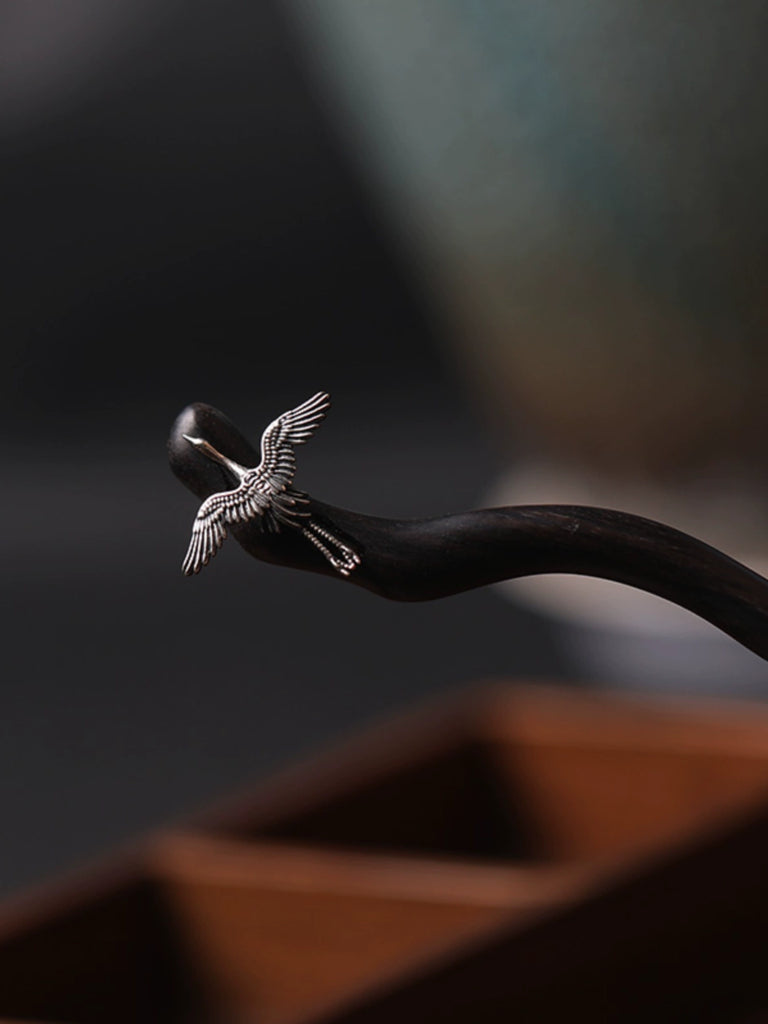 Soaring Crane Vintage Sterling Silver Wooden Hair Stick