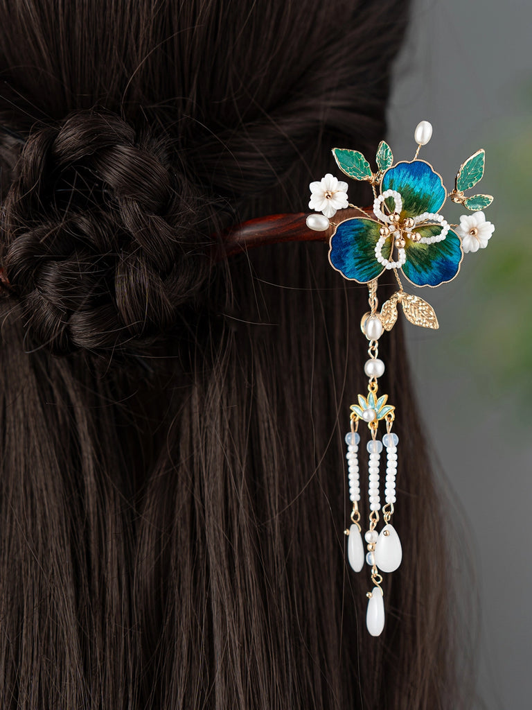 Handmade Silk Velvet Flower Lake Scenery Sandalwood Hair Stick