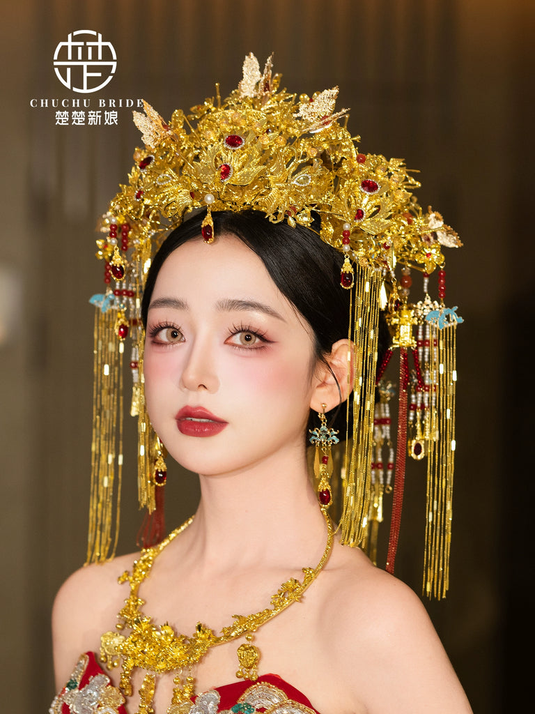 Golden Phoenix Charm - Traditional Chinese Hanfu Crown Luxury Gold Bridal Phoenix Tiara for Wedding Ceremony