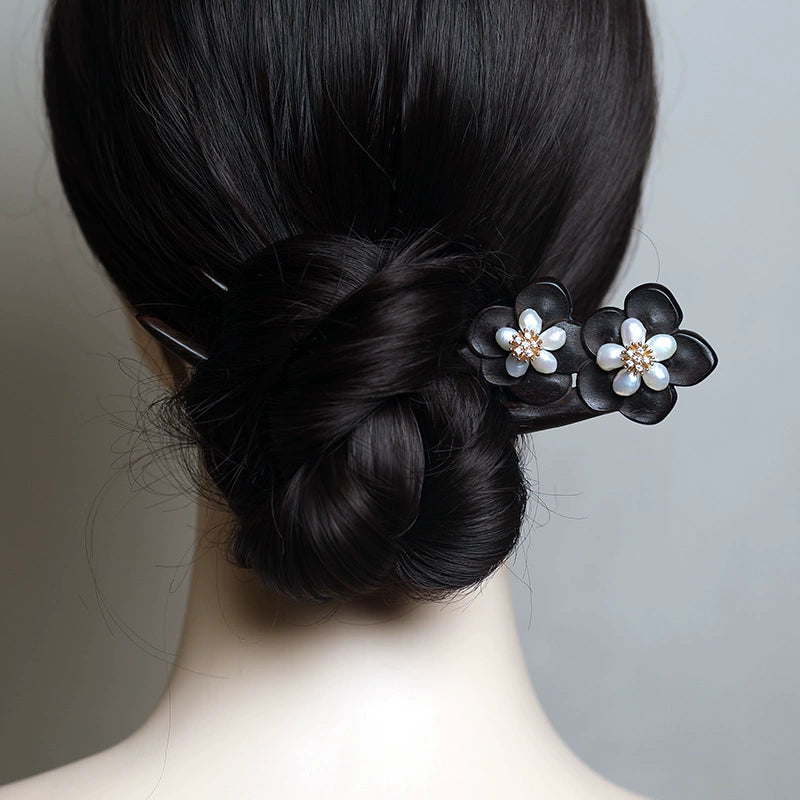 Twin Blossom Mother-of-Pearl U-Shaped Ebony Hair Stick