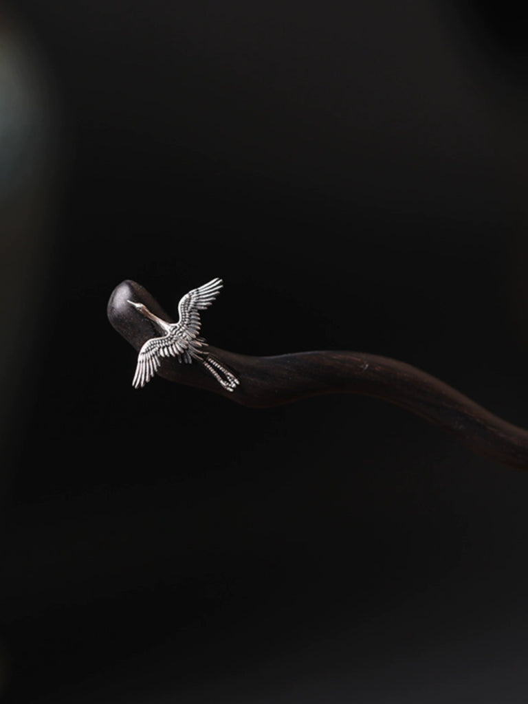 Soaring Crane Vintage Sterling Silver Wooden Hair Stick