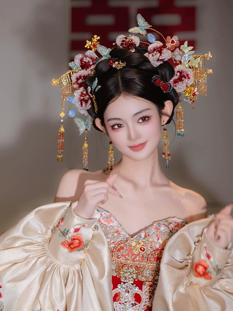 Gradient Floral Bridal Hair Accessories Light Butterfly Headpiece for Chinese Wedding