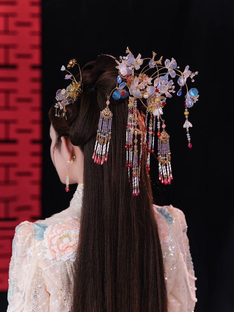 Light Floral Bridal Hairpin Tassel Chinese Wedding Headpiece for Hanfu and Xiuhe Bride