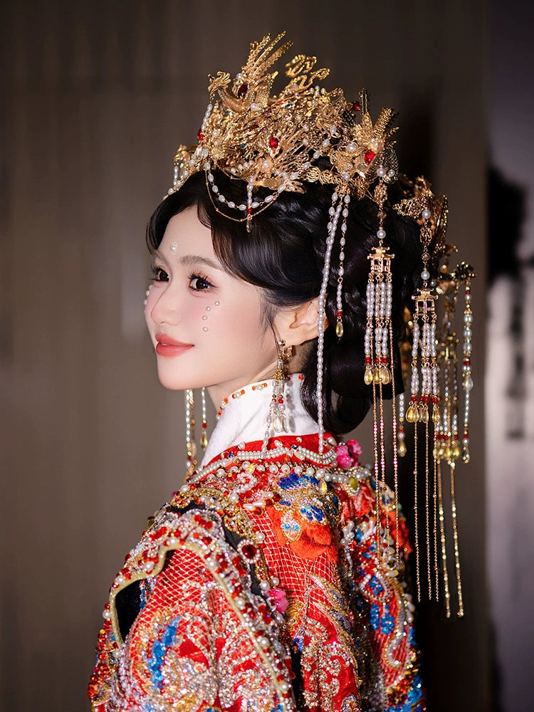 Luxury Gold Phoenix Crown Bridal Headpiece Pearl Tassel Chinese Wedding Hair Accessories for Hanfu and Xiuhe Dress