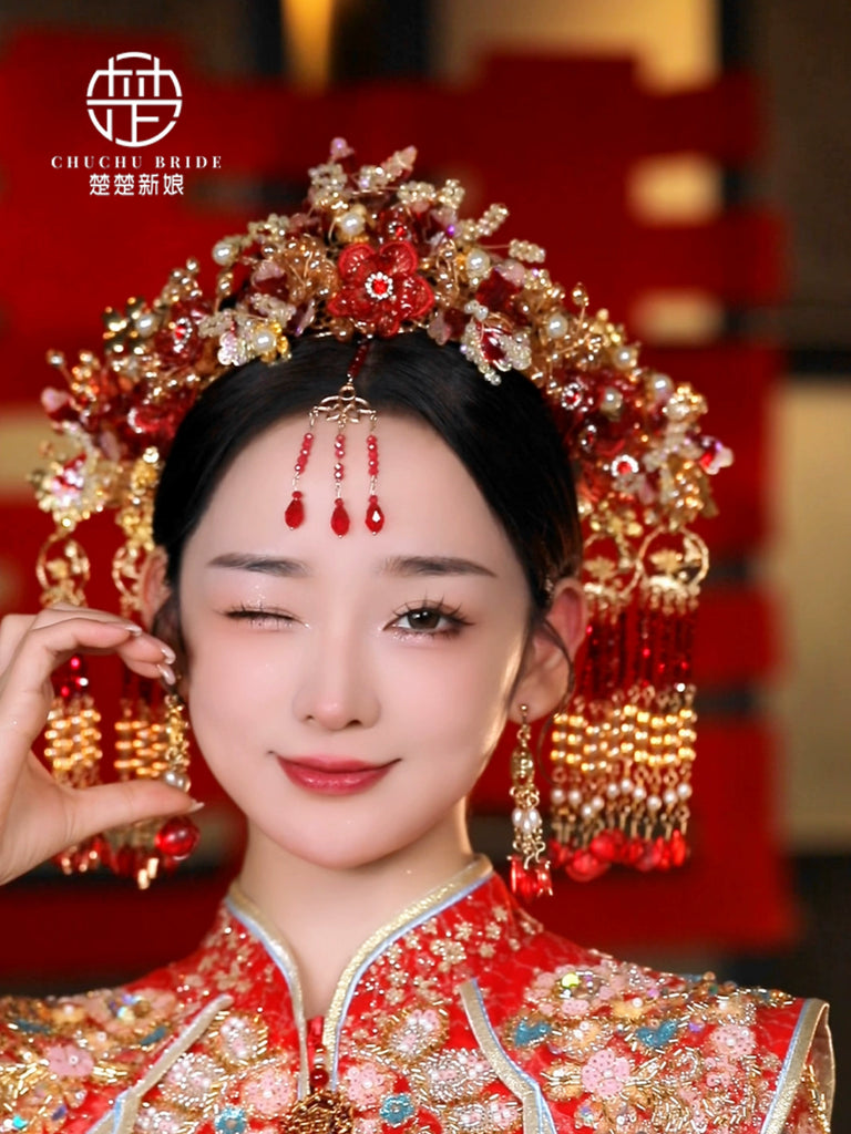 Scarlet Bloom Glory - Red Gold Phoenix Bridal Crown with Forehead Tassel for Luxurious Wedding Headpiece