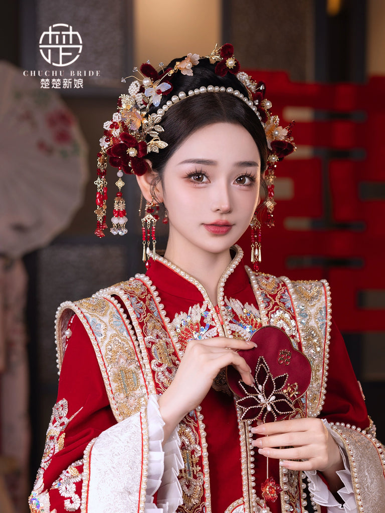 Pearl Halo - Classic Hanfu Bridal Crown with Red Velvet Flowers & Tassel Hairpin Wedding Headpiece