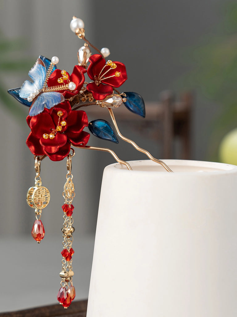 Xiuhe Bridal Hair Accessories - Red Flowers & Blue Leaves Hanfu Wedding Hairpin Set