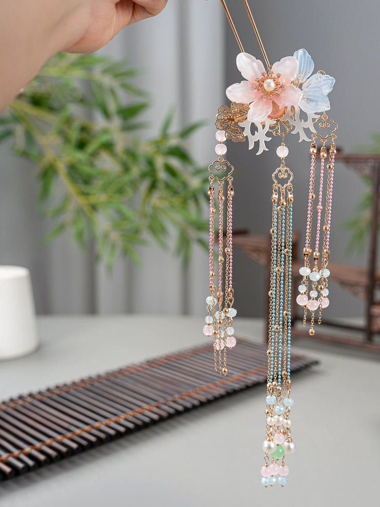 Pink & Blue Fairy Tassel Hairpin Handmade Ancient Style Hanfu & Cheongsam