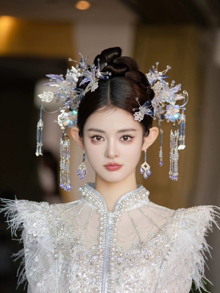 Winter Blue Floral Bridal Hairpin Ancient Style Hair Accessories for Hanfu and Wedding Dress