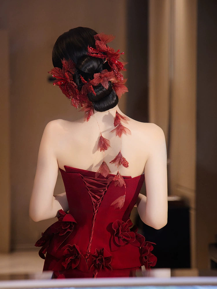 Red Floral Bridal Hair Accessories New Chinese Style Long Hairpins for Wedding and Banquet Cheongsam Dress