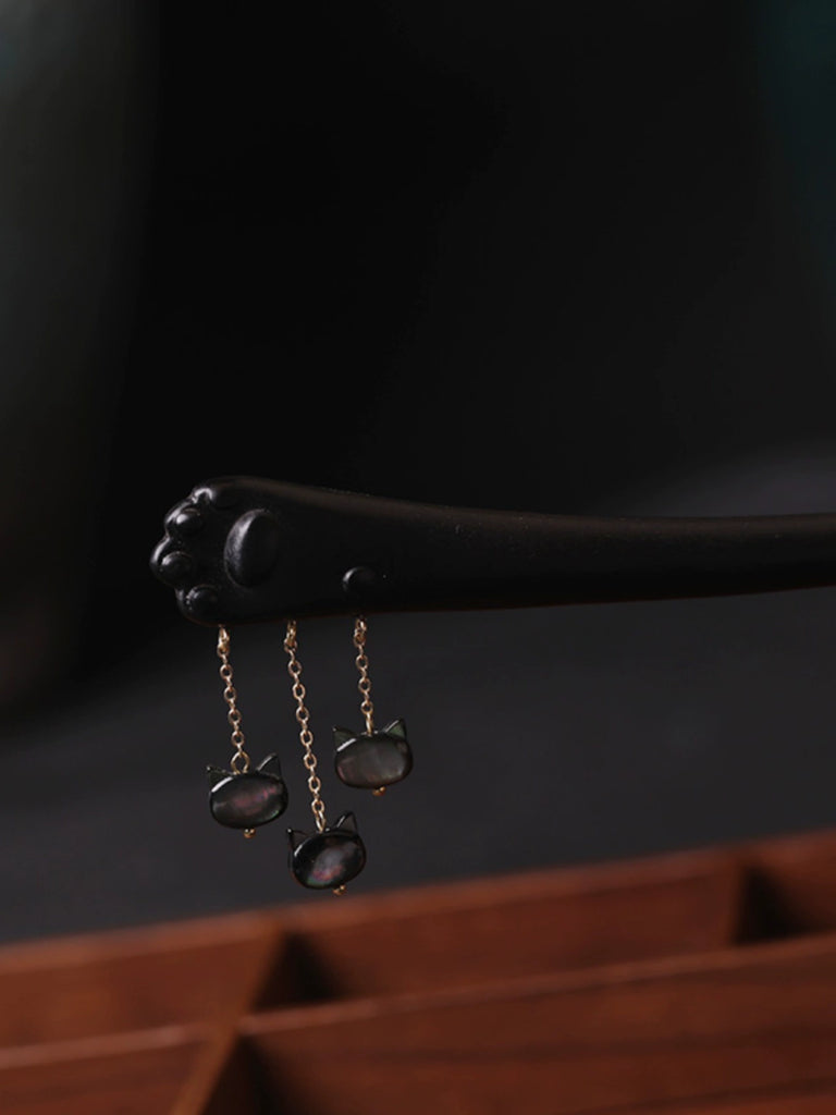 Lucky Cat Paw Cute Mother-of-Pearl Inlay Ebony Hair Stick