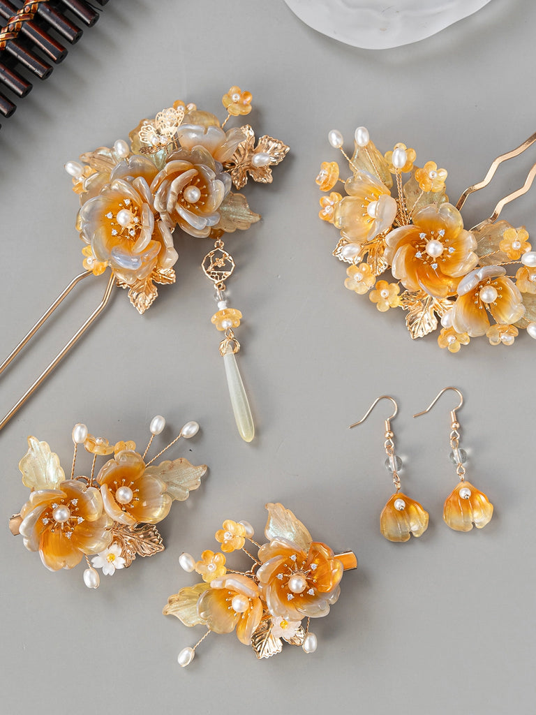 Amber Glow of Autumn - Hanfu Hair Stick & Accessories Set, Classical Chinese Hair Ornaments