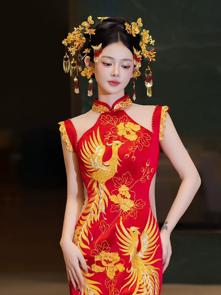 Red and Gold Floral Bridal Hair Accessories Handmade Butterfly and Dragonfly Hairpins for Chinese Wedding Xiuhe Dress