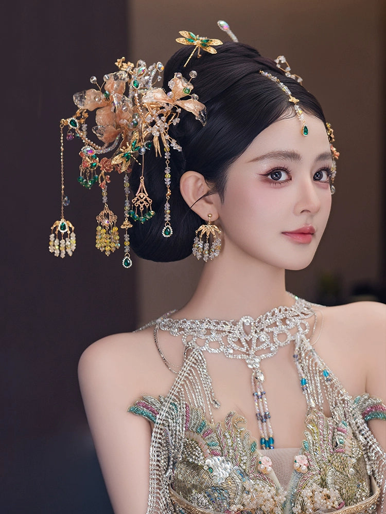 Champagne Bridal Hair Accessories Exquisite Forehead Pendant Headpiece for Chinese Wedding Xiuhe and Hanfu Bride