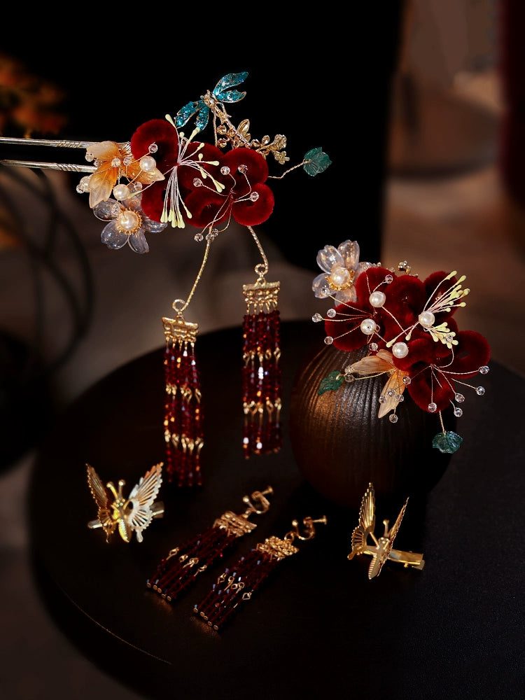 Red Velvet Butterfly Bridal Hairpin Tassel Chinese Wedding Headpiece for Xiuhe Dress