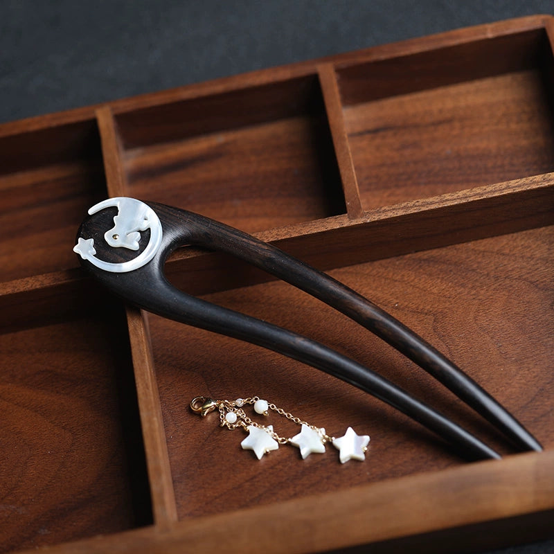 Moon Palace Jade Rabbit Vintage U-Shaped Ebony Hair Stick for Hanfu