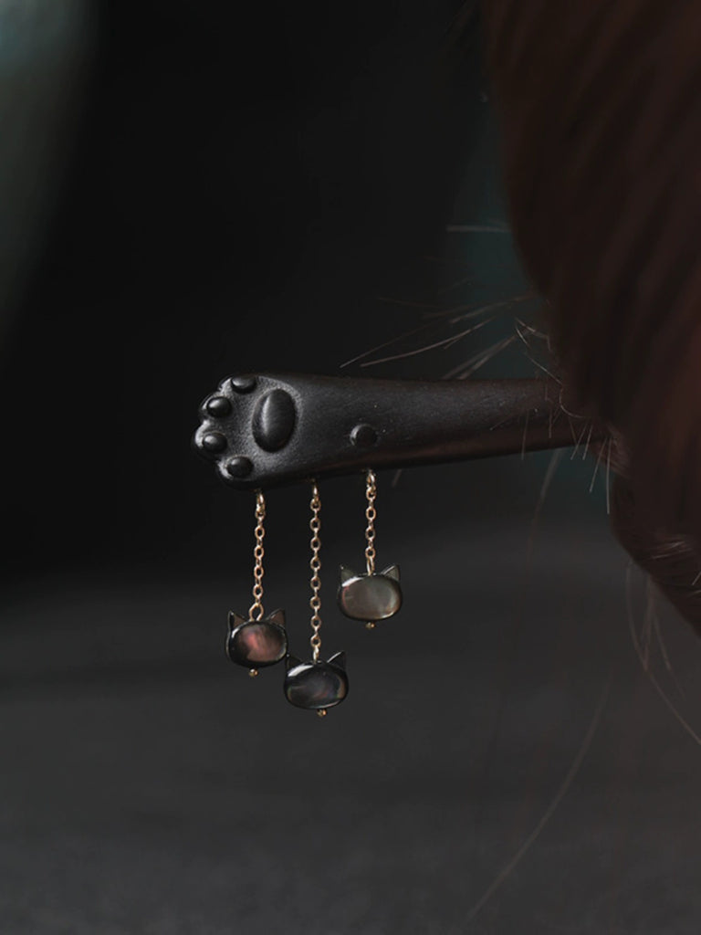 Lucky Cat Paw Cute Mother-of-Pearl Inlay Ebony Hair Stick
