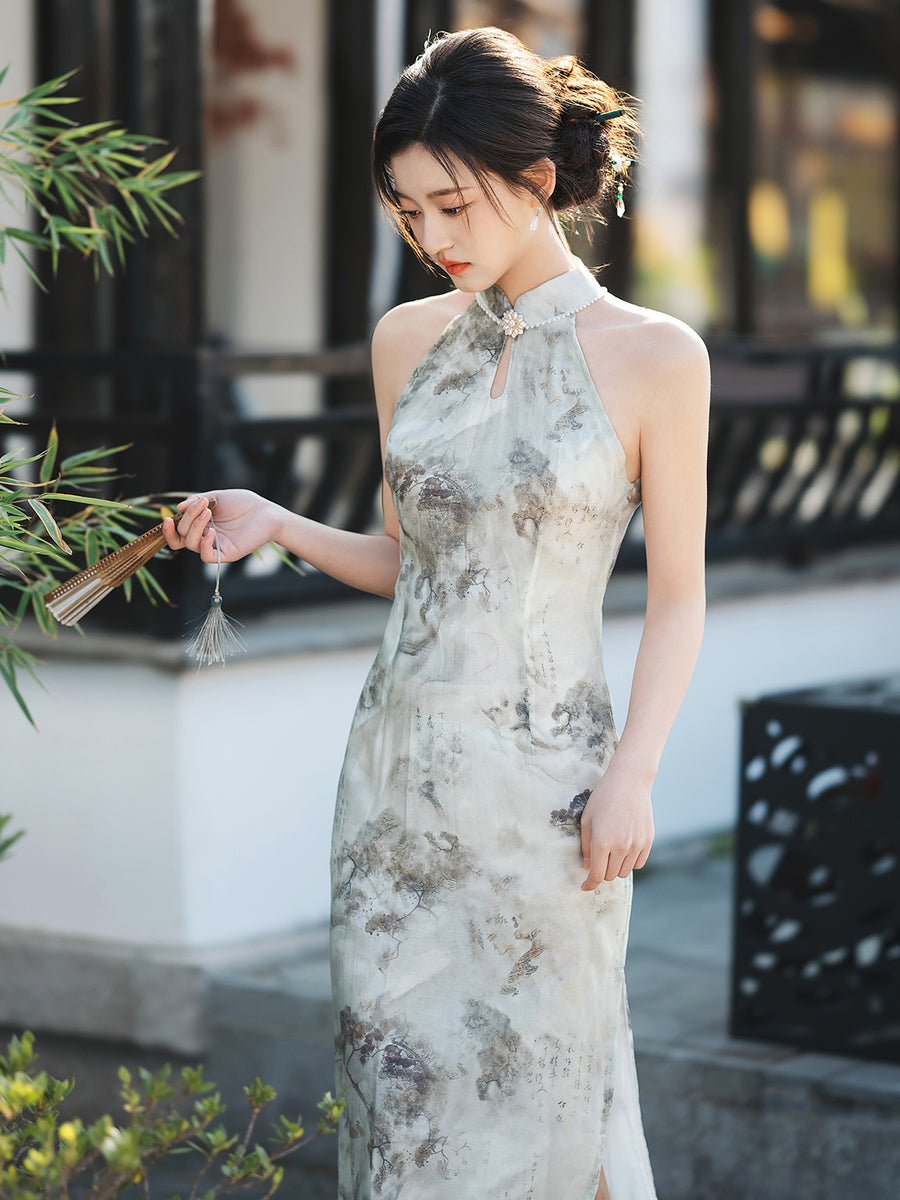Cold Ink 清冷水墨 - Halter Neck Midi Cheongsam – Hanfu Story