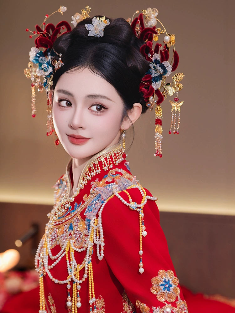 Red Velvet Bridal Hairband with Tassel Hairpin Classical Chinese Wedding Hair Accessories for Hanfu and Xiuhe Bride