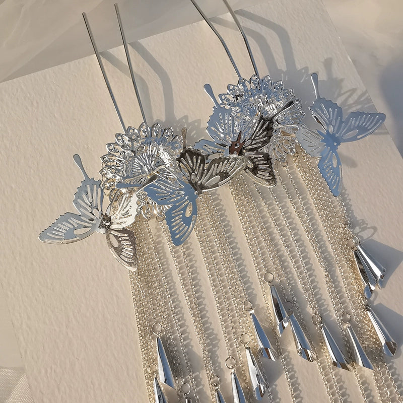 Silver Tassels Hair Pins: Butterflies