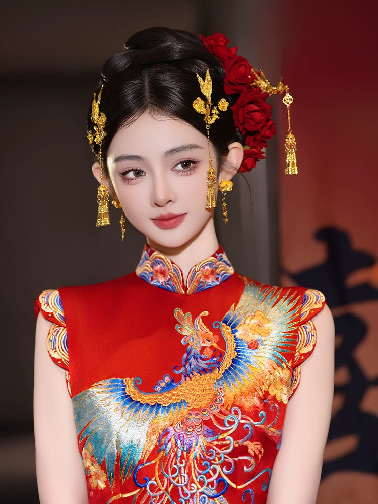Chinese Bridal Hair Accessories Set Luxury Gold Dragon Phoenix Tassel Hairpins for Xiuhe and Qun Kwa Wedding Dress