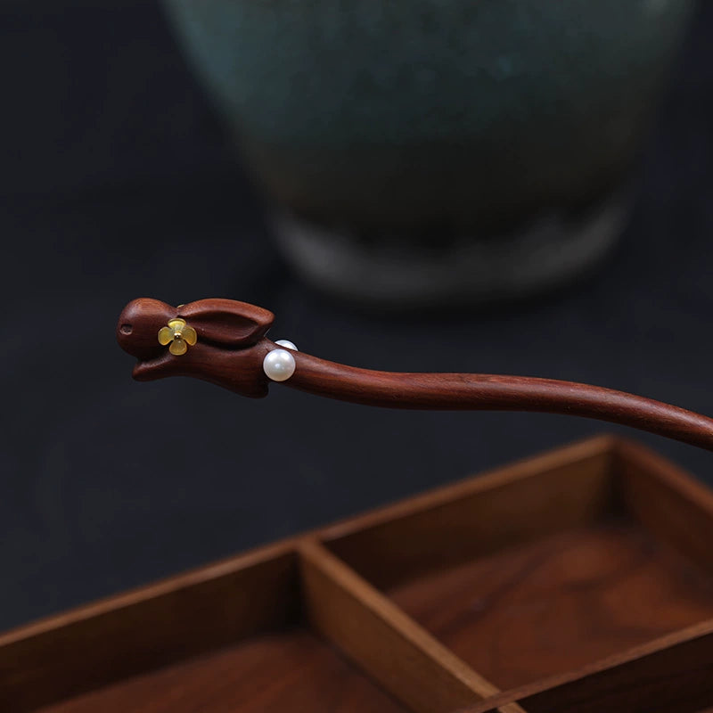 Osmanthus Rabbit Golden Ebony Hair Stick with Pearl Flowers