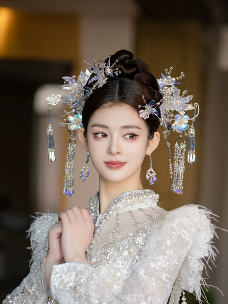 Winter Blue Floral Bridal Hairpin Ancient Style Hair Accessories for Hanfu and Wedding Dress