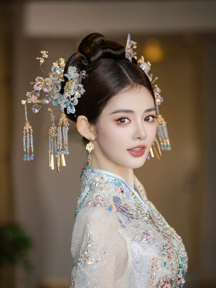 Blue Butterfly Bridal Hairpin Glass Flower Tassel Chinese Wedding Hair Accessories for Xiuhe Dress