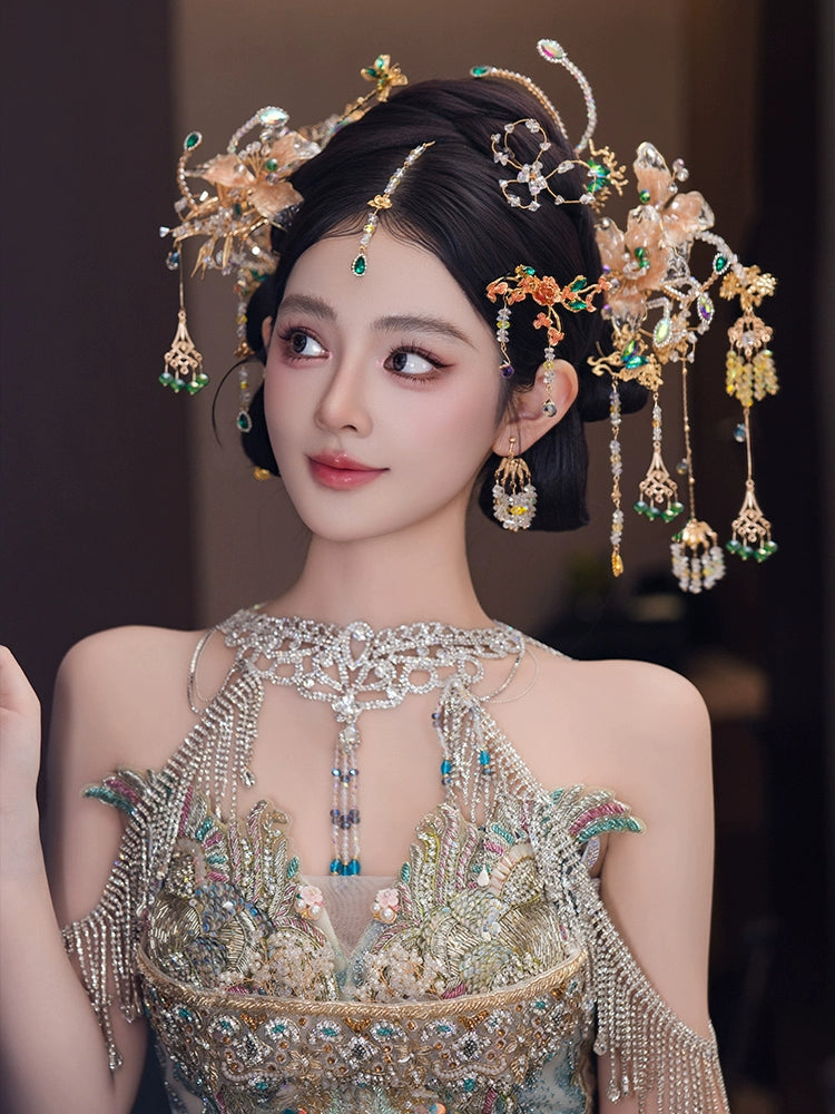 Champagne Bridal Hair Accessories Exquisite Forehead Pendant Headpiece for Chinese Wedding Xiuhe and Hanfu Bride