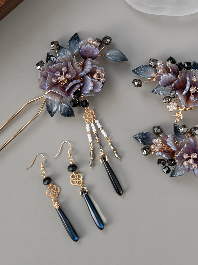 Ink Cloud Dark Purple Floral Hanfu Hair Accessories Set