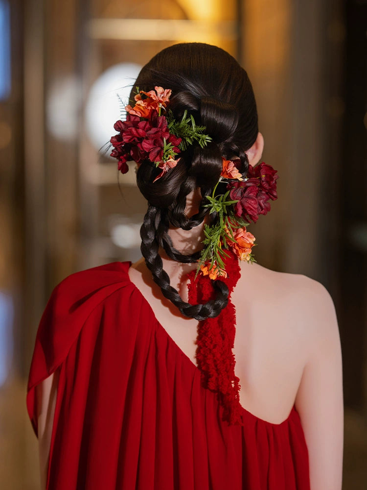 Handmade Red Floral Bridal Hair Clips Retro Chinese Wedding Hair Accessories for Qipao and Cheongsam Dress