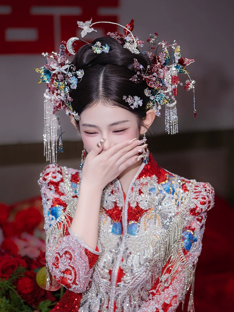 Silver Butterfly and Red Flower Bridal Hairpin Traditional Chinese Wedding Hair Accessories