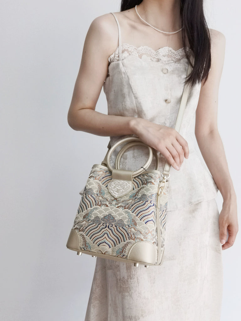 River and Cliffs Song Brocade Bucket Bag for Women