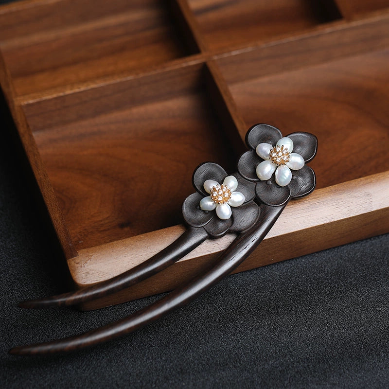 Twin Blossom Mother-of-Pearl U-Shaped Ebony Hair Stick
