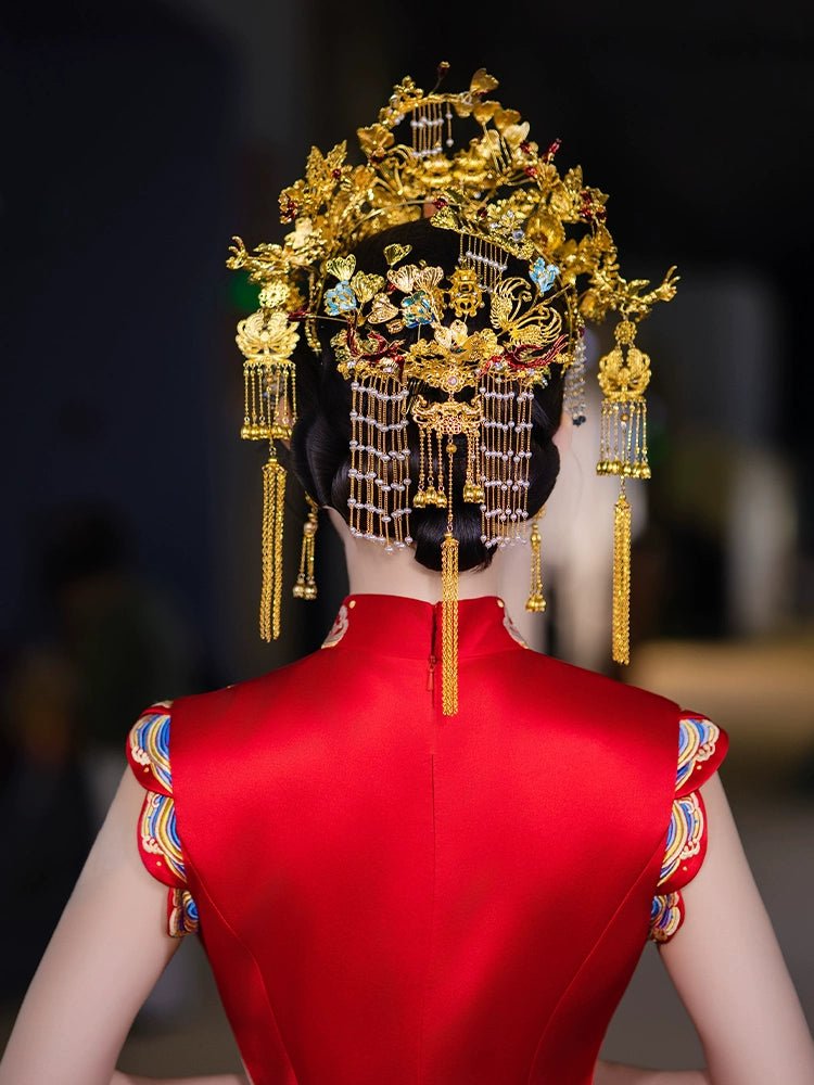 Luxury Phoenix Crown Bridal Headpiece Red and Blue Gem Accent with Gold Tassels for Chinese Wedding Qipao