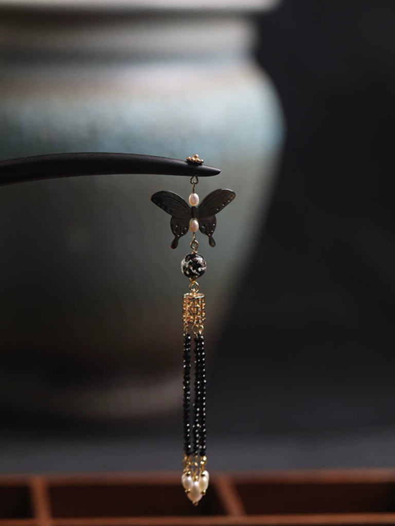 Ink-Stained Pearl Tassel Natural Mother-of-Pearl Long Tassel Ebony Hair Stick