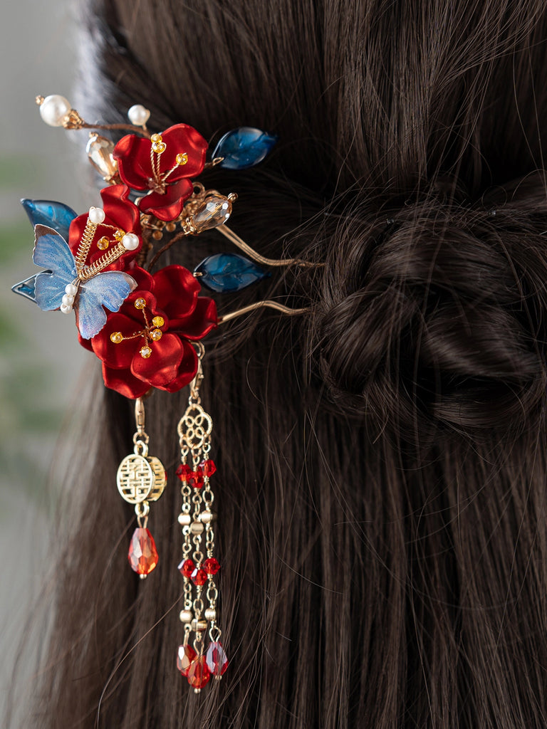 Xiuhe Bridal Hair Accessories - Red Flowers & Blue Leaves Hanfu Wedding Hairpin Set
