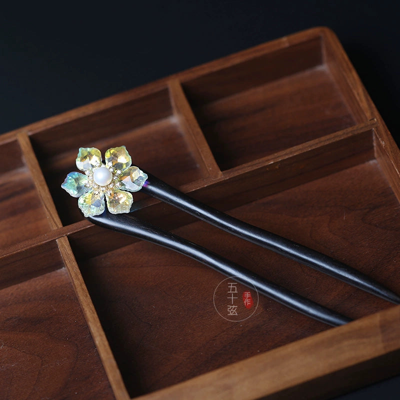 Radiant Crystal Flower Elegant Wooden Ancient Style Hair Stick