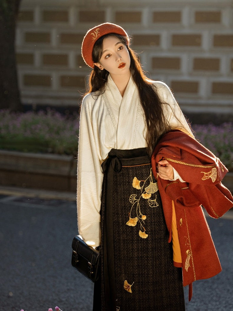 Song Dynasty Modern Hanfu Ginkgo Embroidery Autumn and Winter Jacket a ...