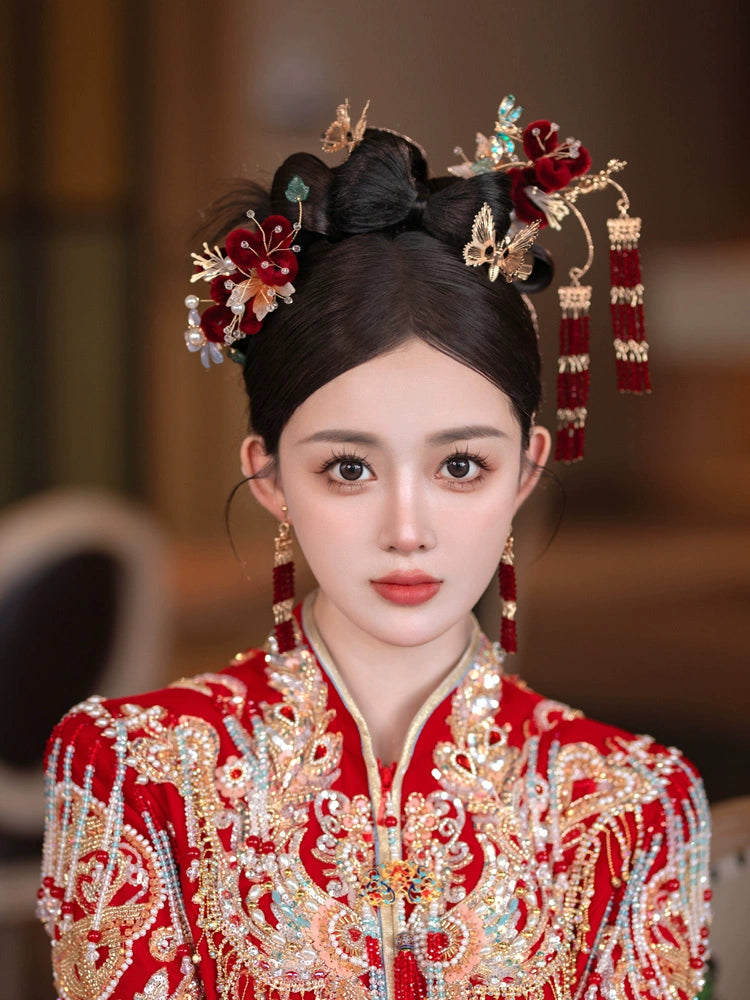 Red Velvet Butterfly Bridal Hairpin Tassel Chinese Wedding Headpiece for Xiuhe Dress